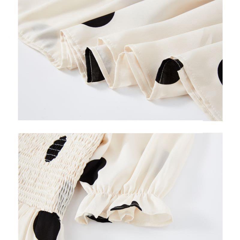 Женское летнее платье в горошекПлатье, прикрывающее живот и стройнящее, для отдыха, в милом консервативном стиле, с вырезом на спине, сказочная юбка, уменьшающее возраст, для поездок на работу