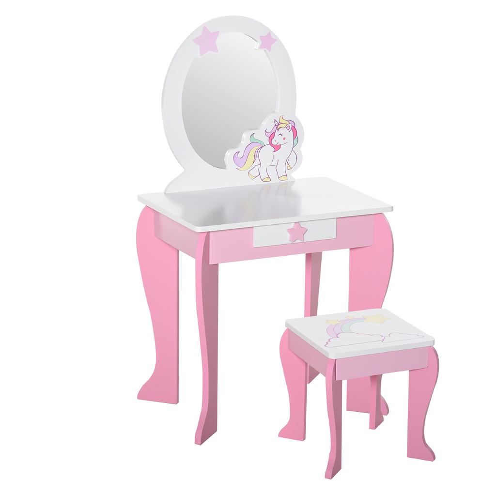 Kids Dressing Table with Mirror, Stool, Pink