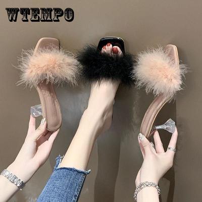 Женские меховые тапочки, летние пушистые тапочки, тапочки на высоком каблуке, милые женские тапочки на шпильке, обувь
