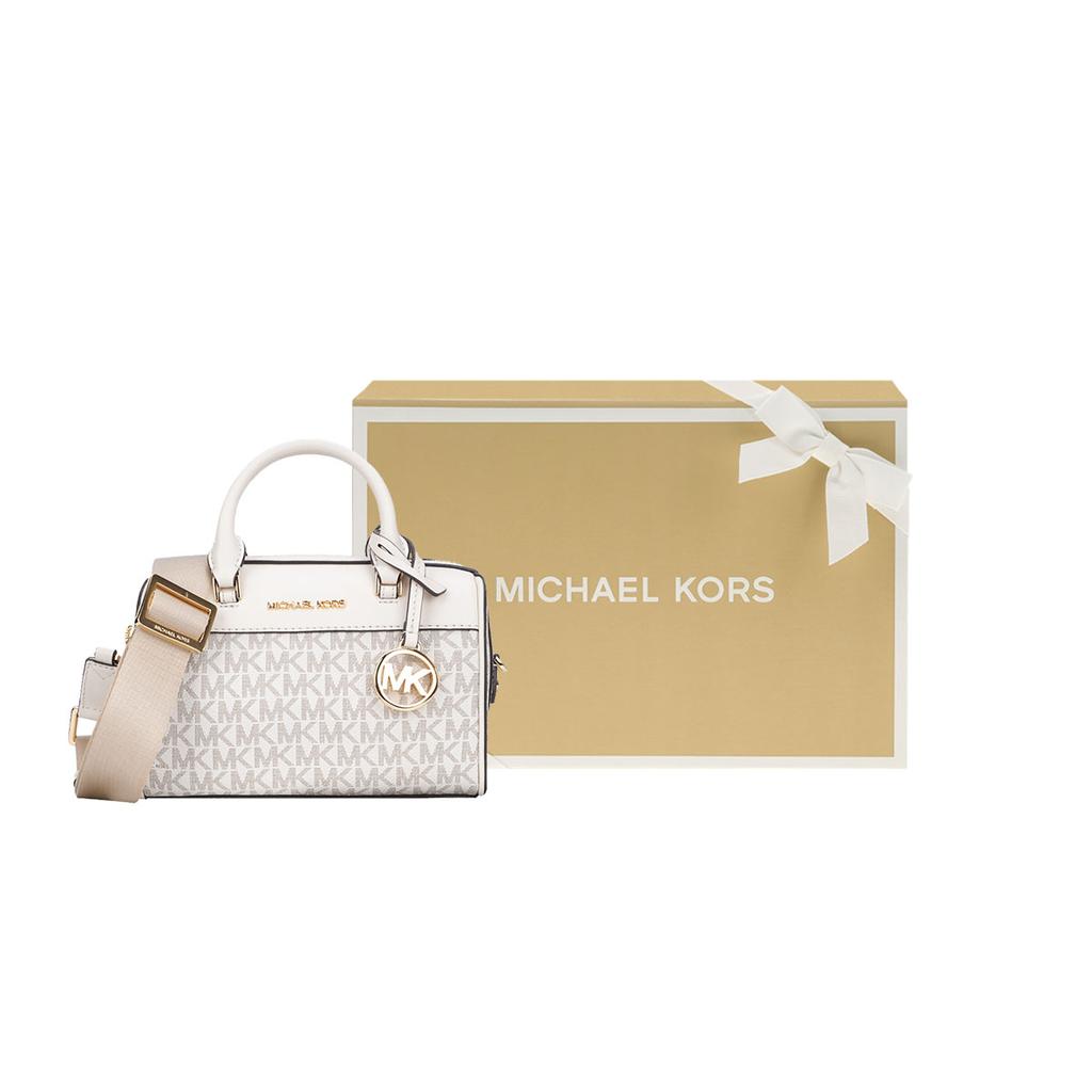 Michael Kors Classic Monogram Print Commuter Fashion Logo Coated Canvas Boston Bag Crossbody Handbag Women handbag White 35S2GTFC0B-LT-CRM-MULTI