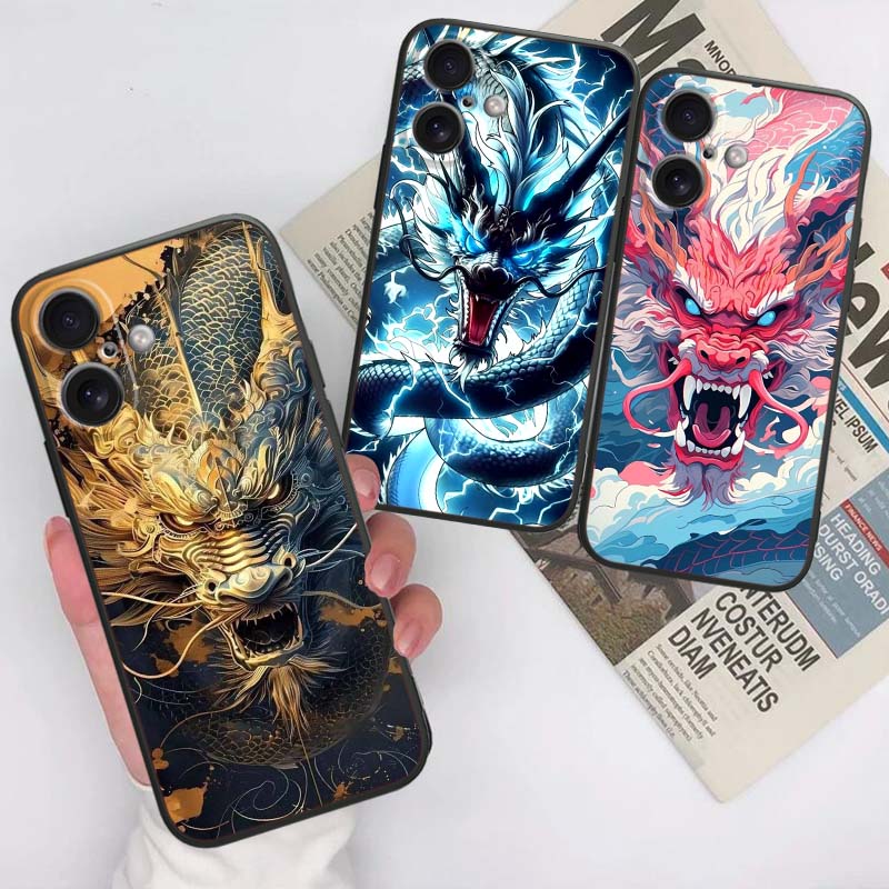 Дизайн с драконом в стиле аниме для Apple iPhone 17 16 16E 15 14 13 12 11 Pro Max Plus Черный Мягкий Силиконовый Чехол для Телефона