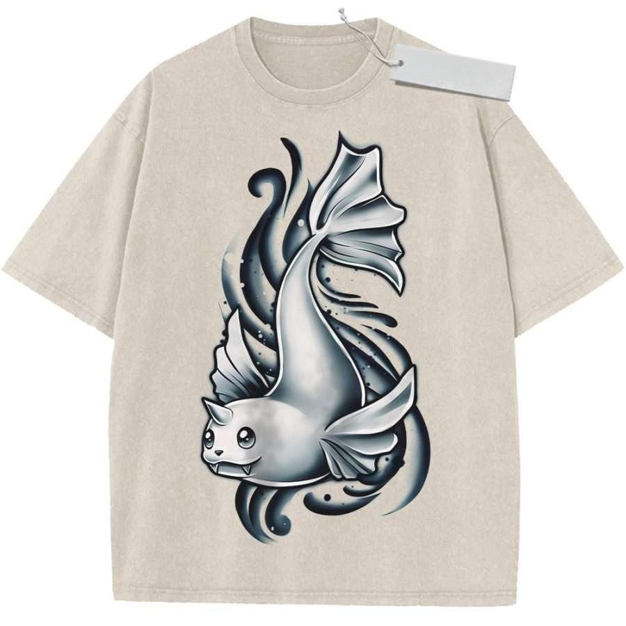Unisex Washed Black Vintage T Shirt Catfish High Quality Fabric for Home Leisure Travel Shopping