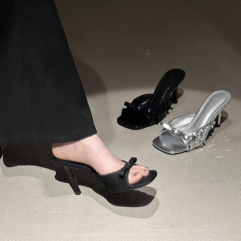 Тапочки женские летние модные черные атласные банты с надписью «рыбий рот» с открытым носком на высоком каблуке классные тапочки женские