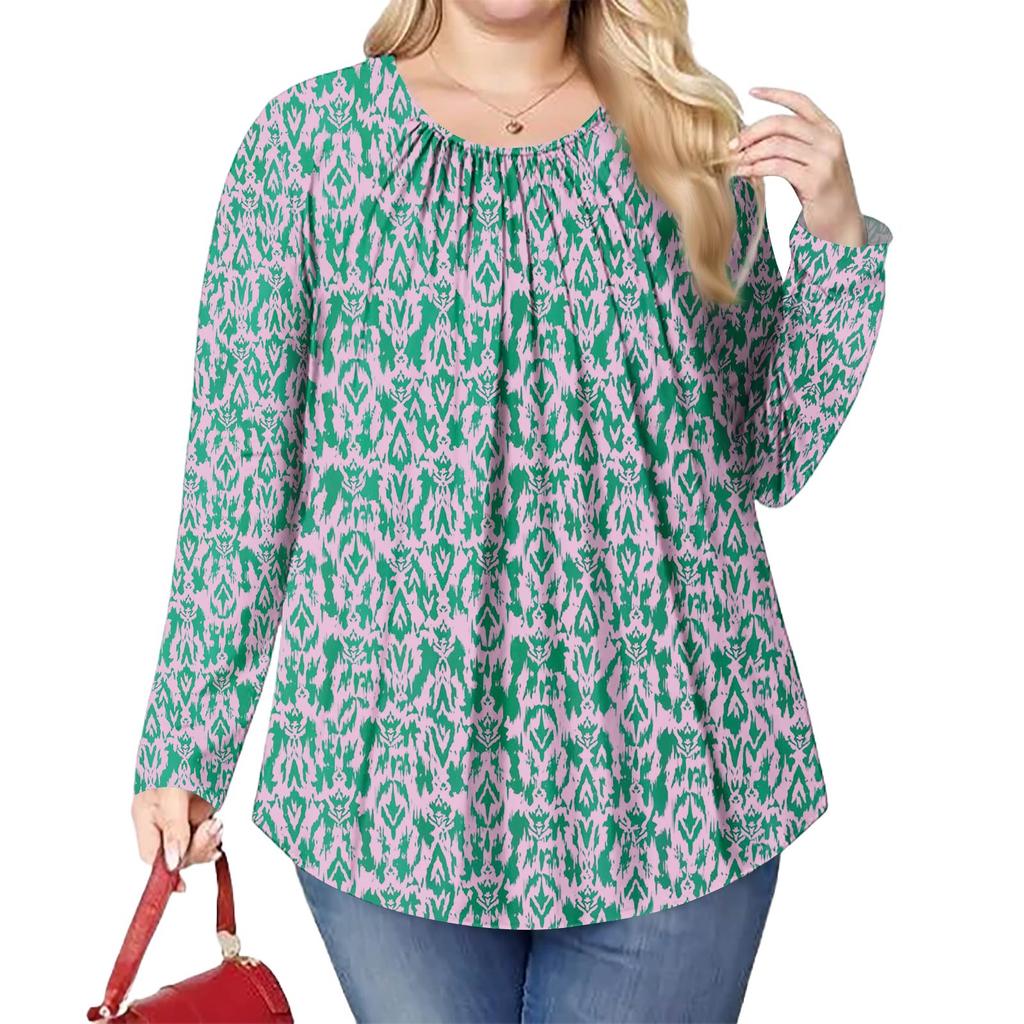Women's Plus Size Fashion Printed Casual Pleated Round Neck Long Sleeve Top