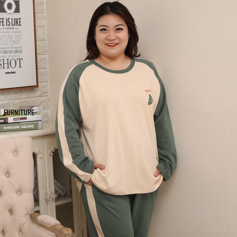 Mei Ji Yun Большой размер 5XL Женский осенний хлопковый комплект пижамы - Круглый вырез, длинный рукав, для полных девушек