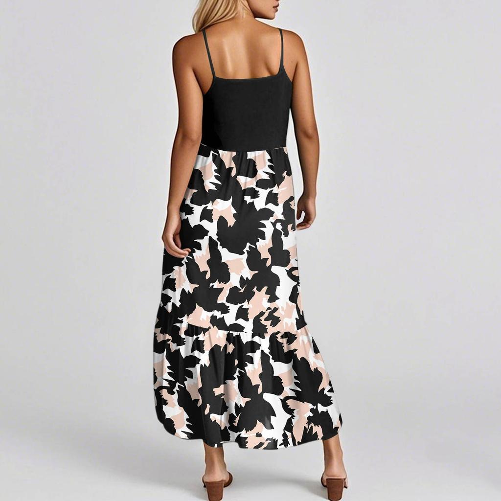 Women's Summer Spaghetti Strap Patchwork Beach Vacation Floral With Pocket Dresses