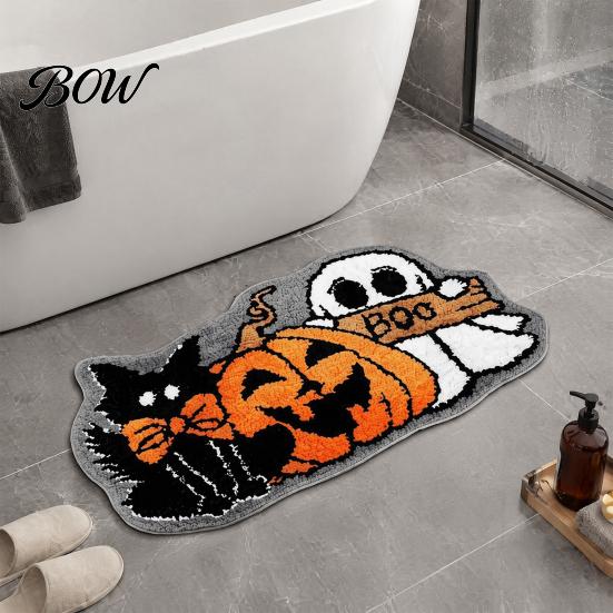 High-density Fluffy Floor Mat Halloween Bath Mat, Non-Slip Ghost Rug, Gothic Pumpkin Absorbent Non-deforming Bathroom Rug Washable Area for Front Door