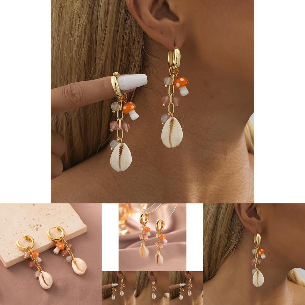Elegant Geometric Gold-plated Copper Shell Mushroom Pendant Earrings For Women