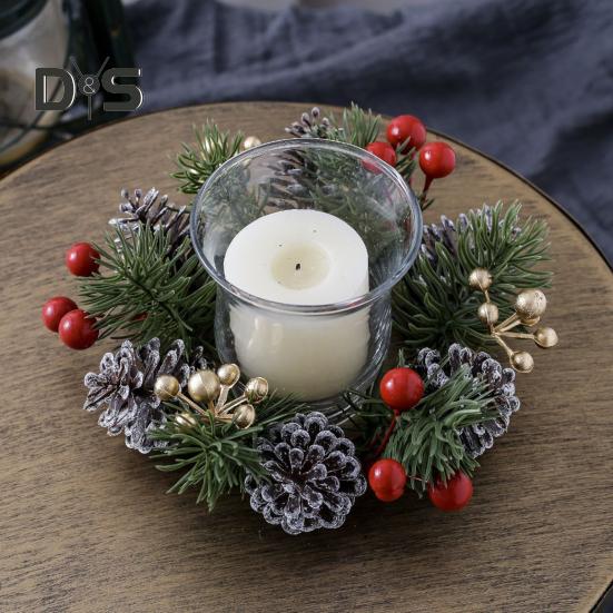 Christmas Candle Ring Artificial Pine Needle Pinecone Berries Garland Rustic Festive Candle Wreath for Home Table Centerpiece Decor