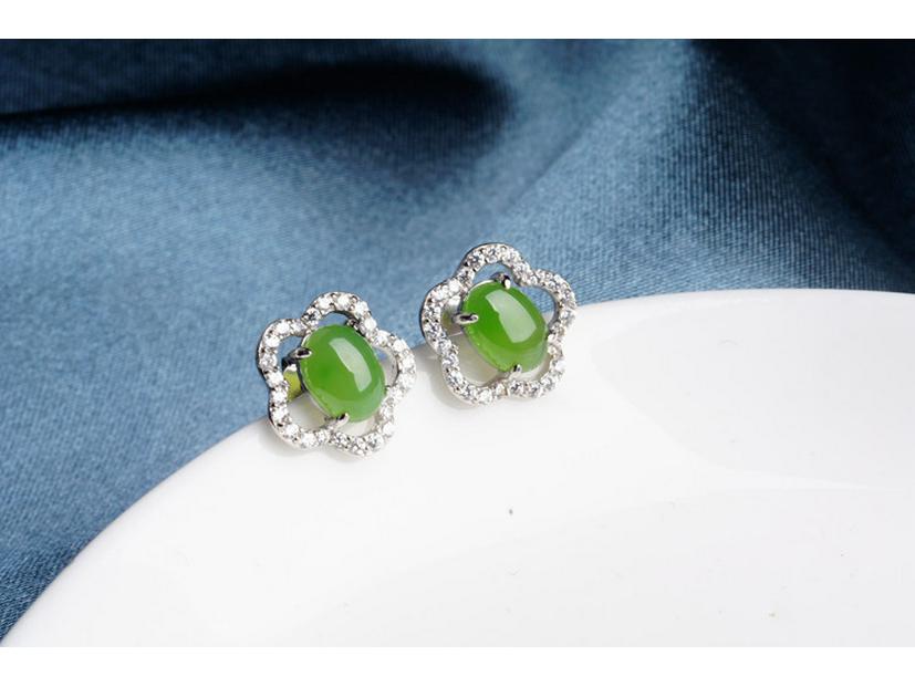 Серьги из стерлингового серебра 925 пробы с нефритом Хэтянь и жадеитом в форме цветка сливы с сертификатом - Древнекитайский стиль