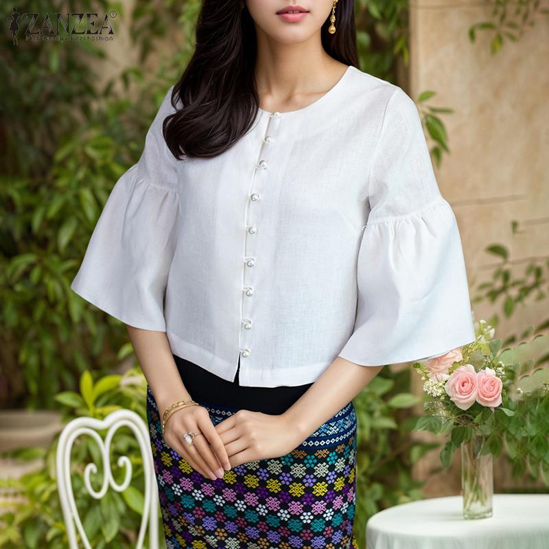 ZANZEA Женская повседневная однотонная блузка с круглым вырезом и рукавом 3/4