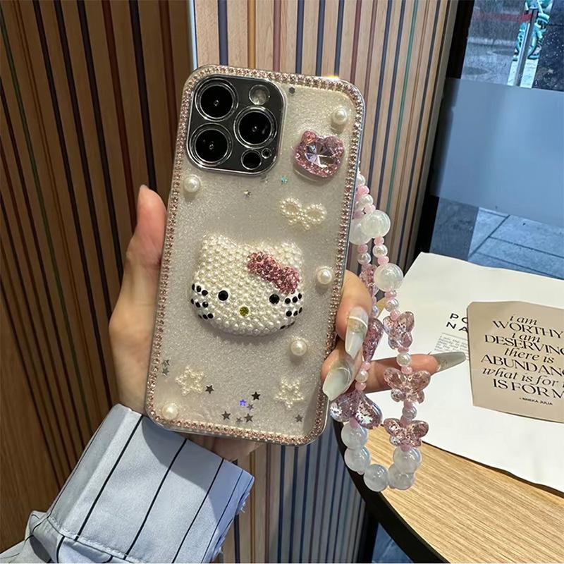 Чехол для телефона с блестками и жемчугом, кошка КТ, для iPhone17Promax, полностью закрывающий камеру, Apple 16, капли, блестки 15
