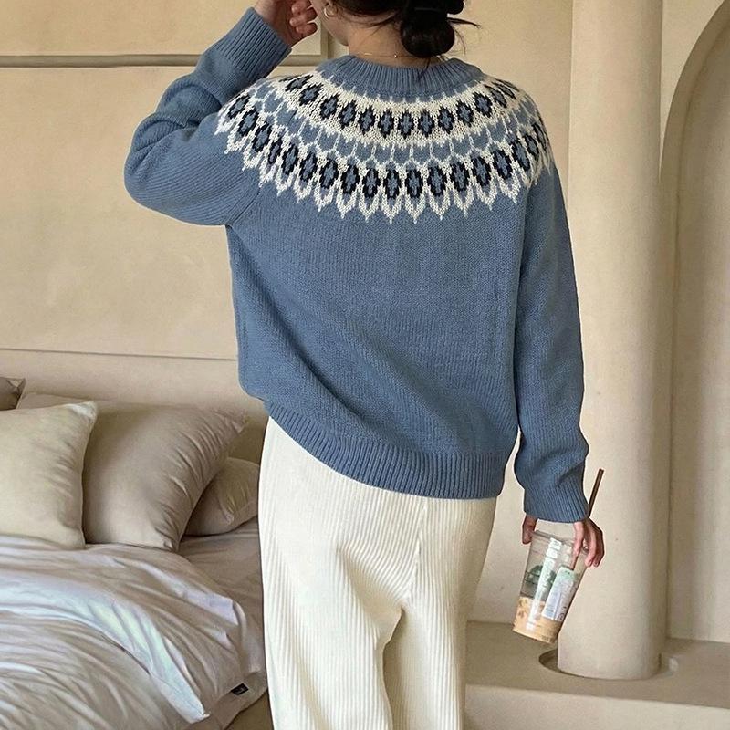 2026 Autumn/Winter Ethnic Style Fair Isle Long Sleeve Round Neck Sweater
