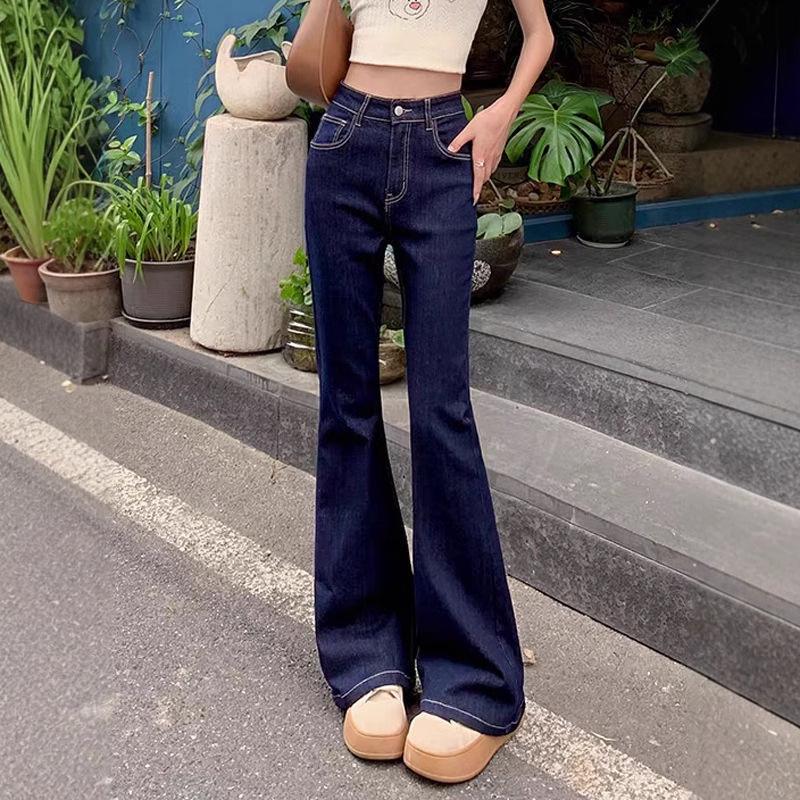 Женские темно-синие джинсы микро-клеш с высокой посадкой - Петит, Стрейч, Слим, Подкова, Длинные брюки для осени