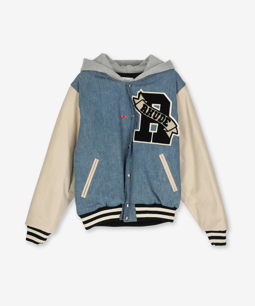 Lude Washed Denim Hooded Varsity Jacket - Indigo:Cream / Rhfw22Ja406240501050