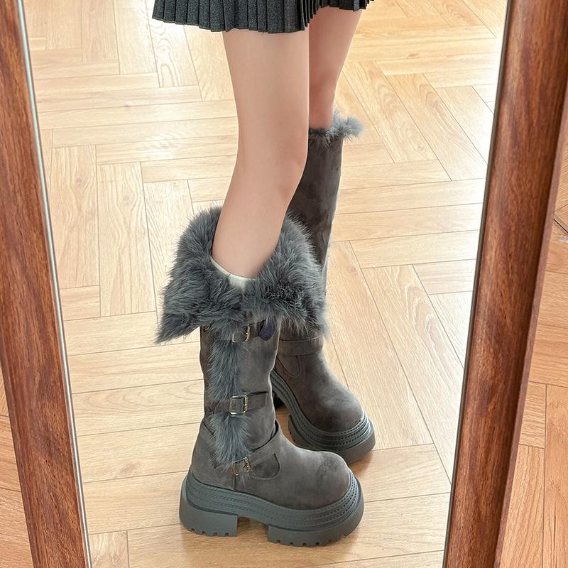 Thick-soled two-wearing fluffy snow boots for women's 2026 winter thin boots, tall and velvet but knee boots