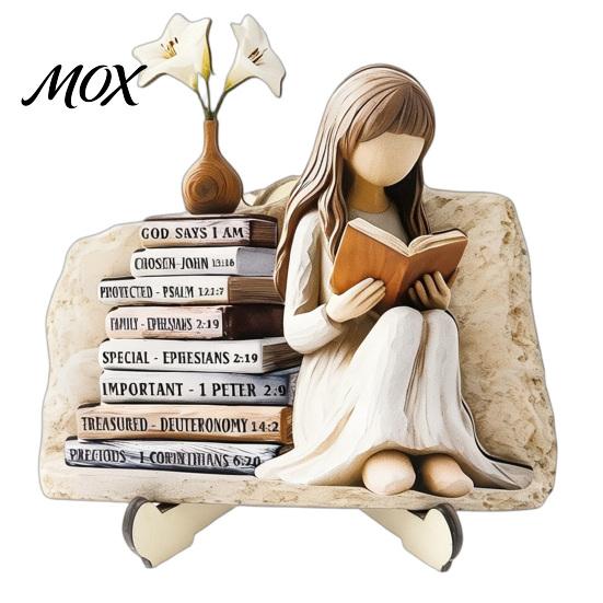 Wooden Girl Figurine for Bookshelf Reading Figurine, Stable Pastoral Style Statue Desktop Exquisite Decor Decor, Artistic Healing Ornament,