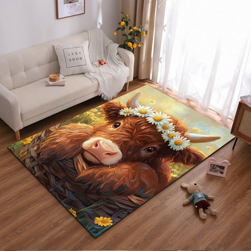 Cute Highland Cow with Daisy Flowers Non-slip rug suitable for living room and bedroom sofas.