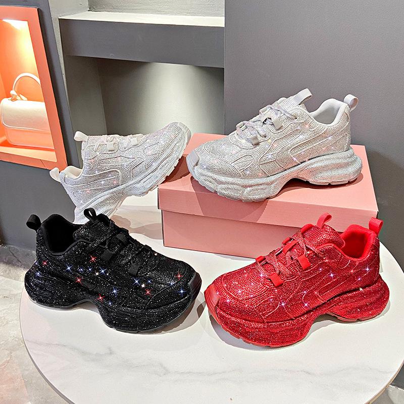 Starry Rhinestones Thick-soled Dad Shoes for Women Autumn and Winter Heavy-duty Hot Rhinestone Sports Shoes for Women