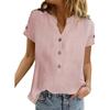Summer Plain Retro Pocket Patchwork Cotton Linen Shirt for Women's Casual V-neck Button Short Sleeve Solid Color Blouse