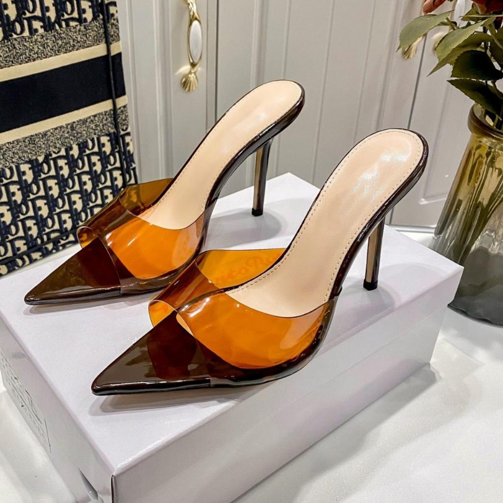 Transparent high-heeled cool slippers for women in the summer of 2025, new fashion, thin heels, pointed heads, sexy open toes, and one-word drag for o