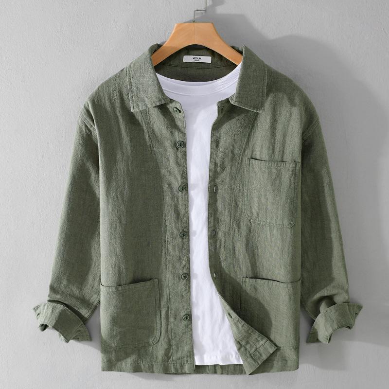 Весенние и осенние рубашки с длинным рукавом для мужчин в китайском стиле из хлопка и льна, повседневная мужская одежда с несколькими карманами, однотонная рубашка с воротником-лацкан