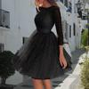 Glitter Starry Tulle Prom Dress for Women Long Sleeve Crew Neck Formal Evening Dress Mesh Cocktail Party Short Dress