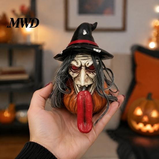 Farmhouse Halloween Decor Long Tongue Witch Pumpkin Ornament, Spooky Gothic Desktop Resin Rustic Seasonal Accents Figurine, Collectible Tabletop