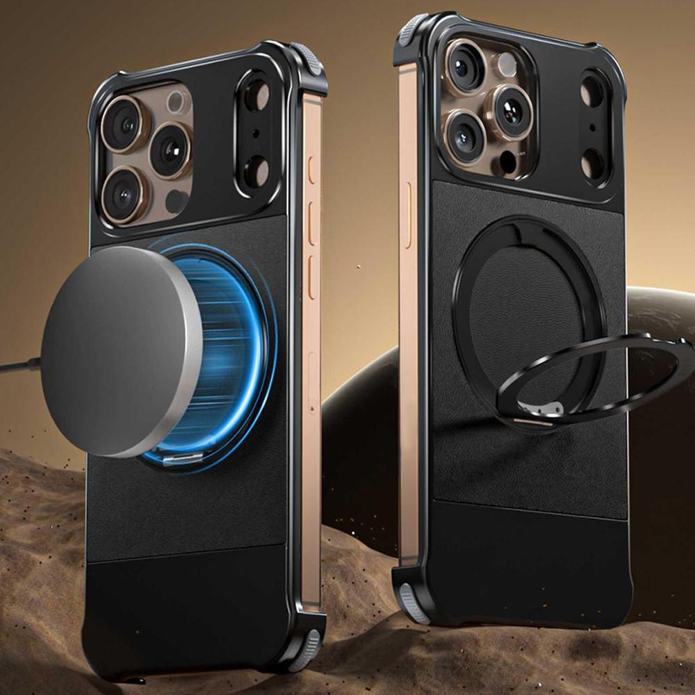 Магнитный чехол для iPhone 14 Pro Max с подставкой, безрамочная задняя крышка для телефона из ПУ+металла, защита от падений