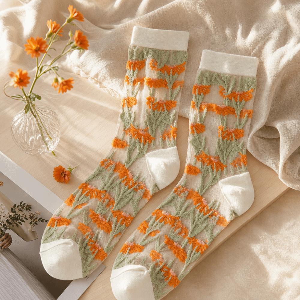 Crystal Silk Floral Embroidery Socks Ultra-Thin Nylon Long Socks Chic Mid-Tube Socks  Cosplay