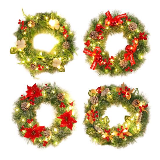 Pre-Lit Christmas Wreath for Front Door 12 Inches LED Lighted Artificial Christmas Wreath with Pine Cones Berries for Indoor Outdoor Decor