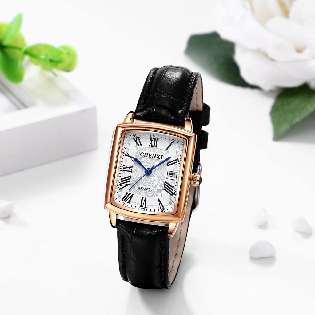 Watch Leather Leather Belt Roman Alphabet Analog Display Calendar 3ATM Waterproof Square Popular Antique Watch Business Casual Black Birthday