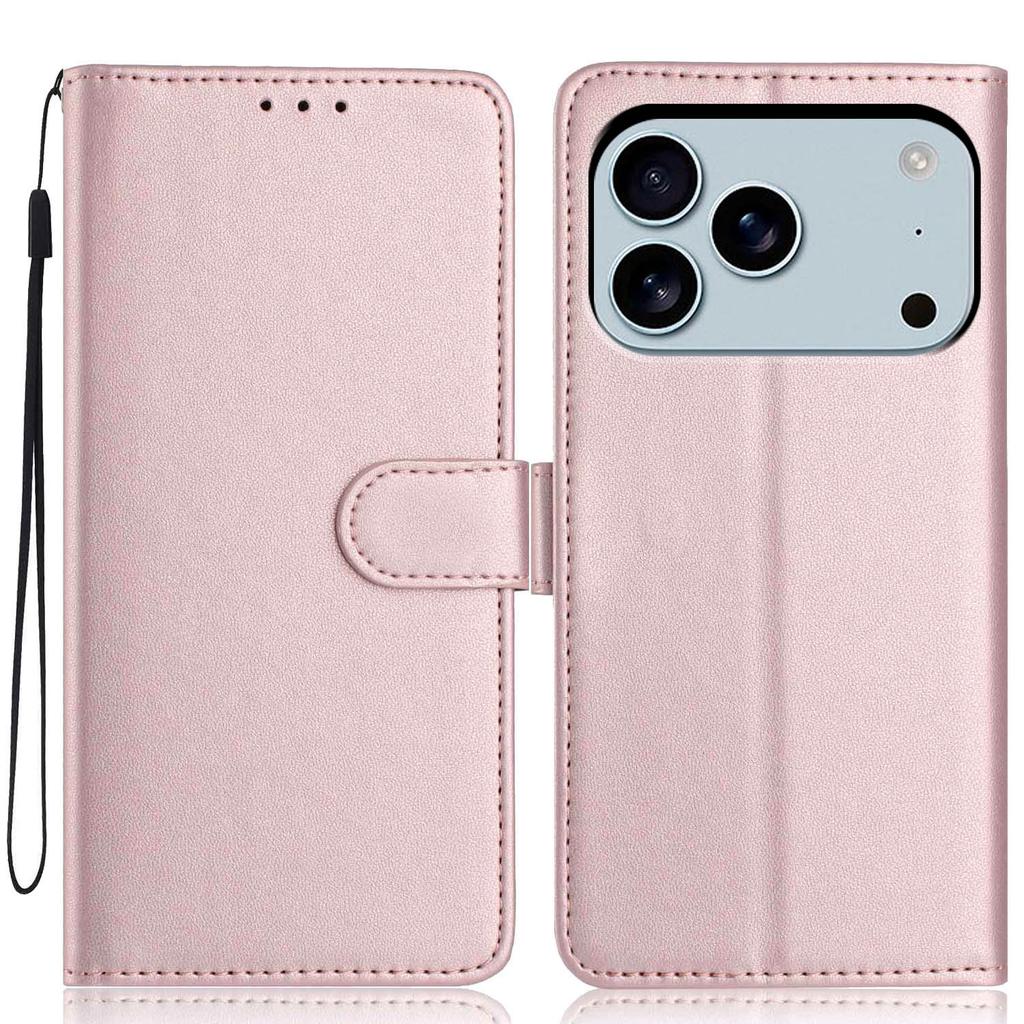 For iPhone 17 Pro Max Wallet Case with Strap/Multiple Card Slots Solid Color Leather Stand Phone Cover