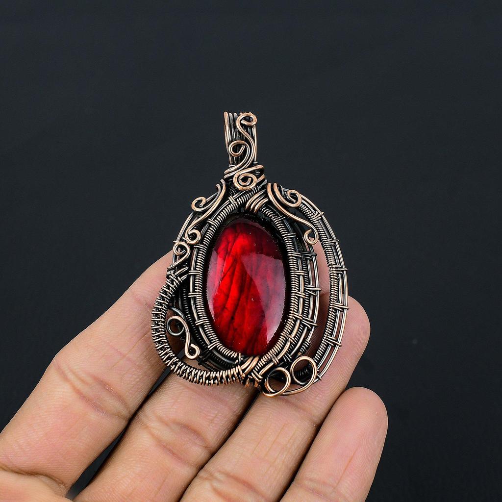 Red Flash Labradorite Pendant, 999 Copper Wire Wrapped Jewelry, Gemstone Jewelry Pendant, Handmade Wedding Gift Jewelry