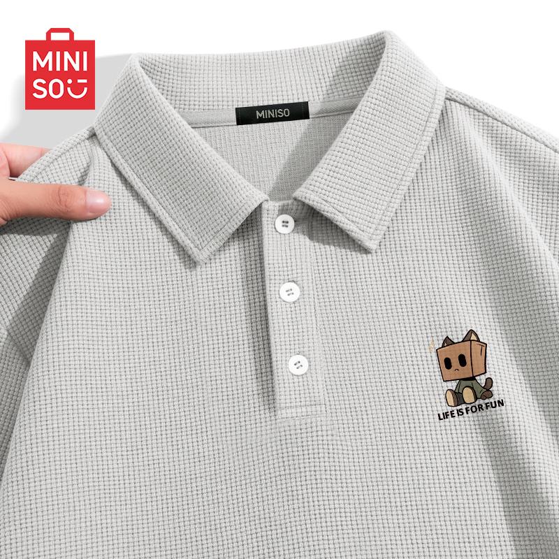 MINISO Мужская вафельная рубашка-поло с нашивкой-кошкой на груди