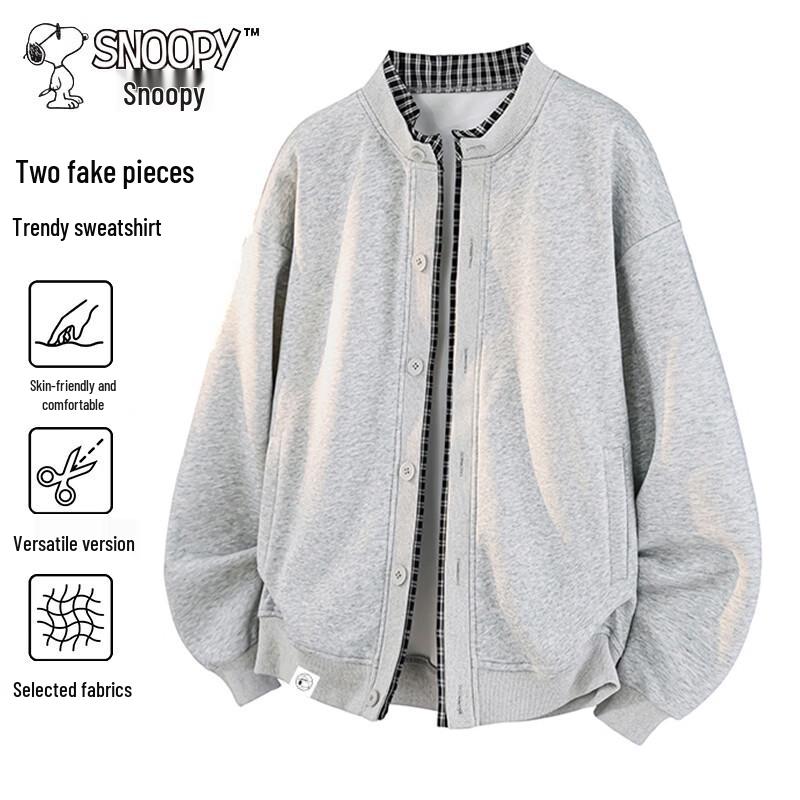 SNOOPY Men's Casual Crew Neck Mock Two-Piece Cardigan Sweatshirt