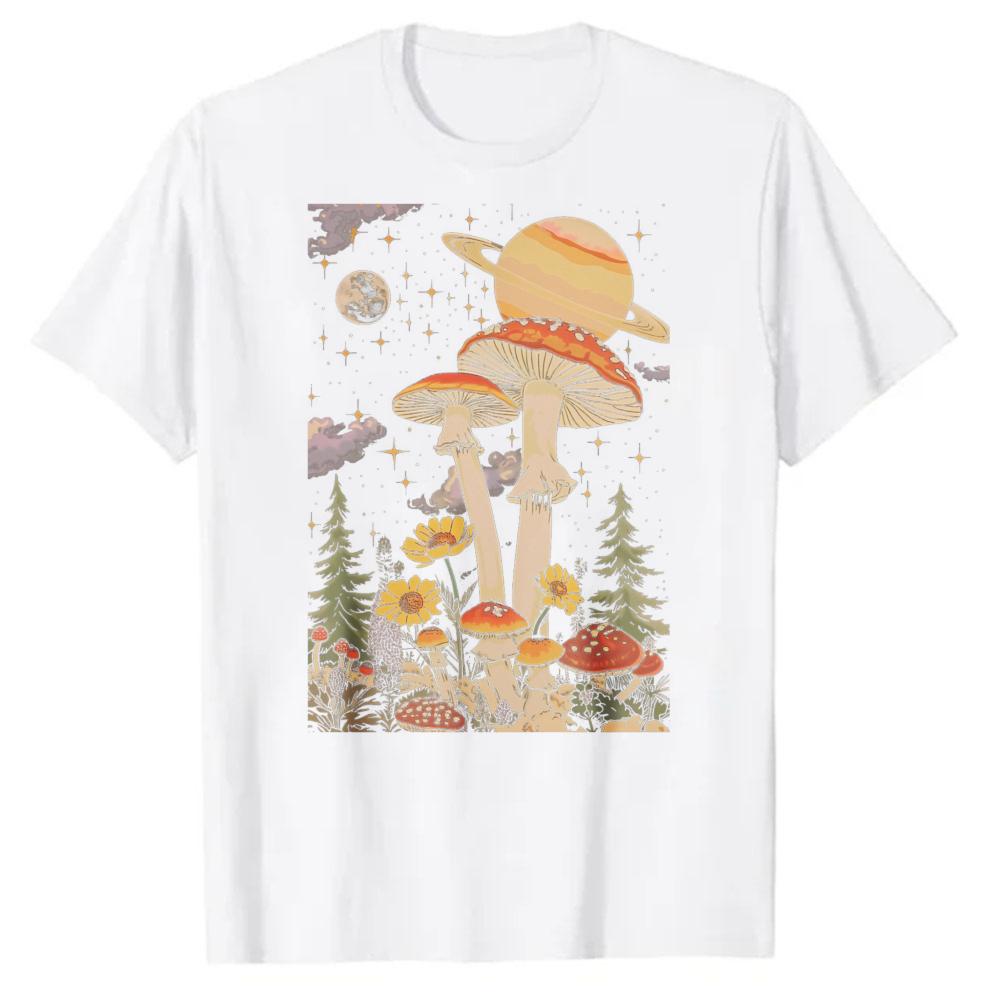 Space Mushroom Planet Moon Sunflower Graphic Printed Tshirt Goblincore Cottagecore Cosmic Aesthetic Floral Top