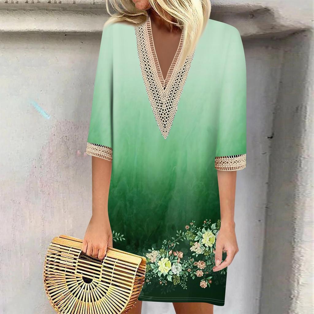 Летние платья для женщин, модное повседневное свободное кружевное платье с V-образным вырезом и рукавами 3/4 с принтом