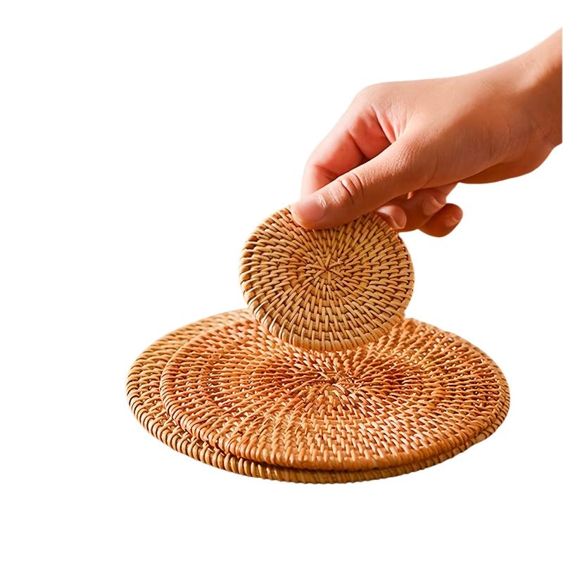 Round Patterned Rattan Coaster Protects Surfaces from Hot Coffee Mugs for Home and Kitchen