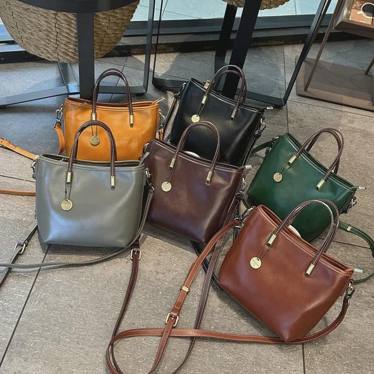 Женская ретро-сумка через плечо из натуральной кожи - модная сумка-ведро из коровьей кожи растительного дубления