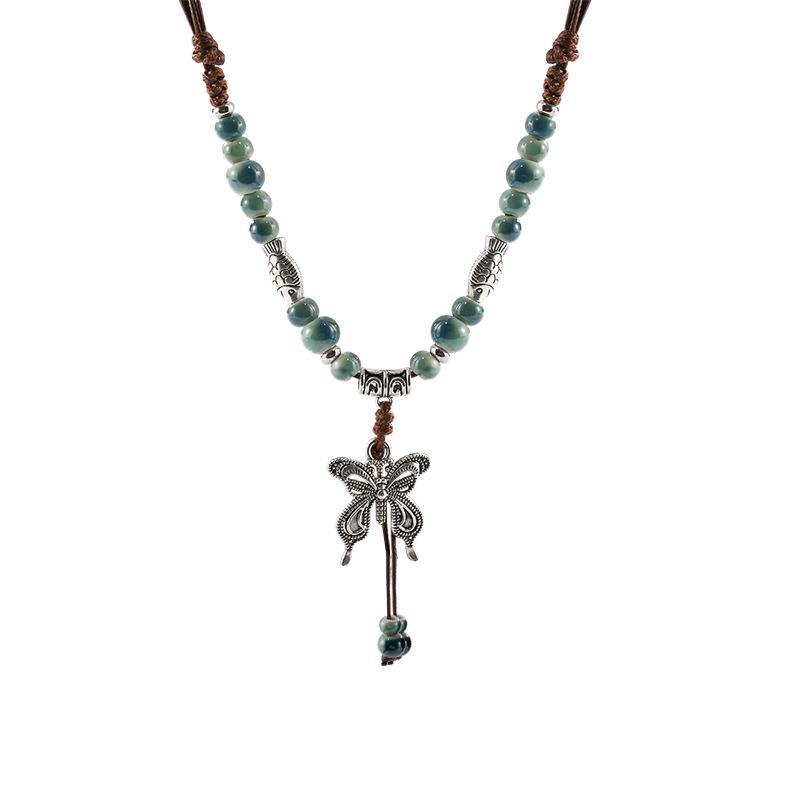 Керамическое ожерелье в виде бабочки в средневековом стиле с длинной цепочкой с кисточками на ключицу