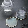 Retro Window Grille Glass Coaster Gold Copper Embossed Pattern Hexagonal Glass Coaster Pad Kitchen Table Mat Decoration