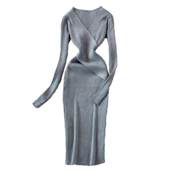 Женское осенне-весеннее платье трикотажное облегающее эластичное полосатое платье с V-образным вырезом в винтажном сплошном цвете с узкой талией противоусадочное платье-футляр миди с длинным рукавом вечерние