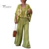 2 Pcs/Set Blouse Pants Suit V Neck Bat Sleeves Baggy Loose Flower Printing Top Wide Leg Elastic Waist Pants Casual Daily Outfit Commuting Travel