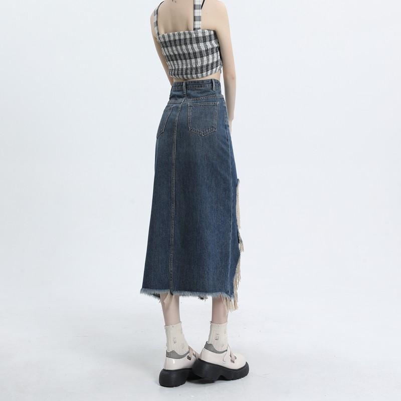 Irregular Retro Denim Midi Skirt Women Summer High Waist Slim Split A-line Skirt Female Streetwear Casual Vintage Y2K Blue