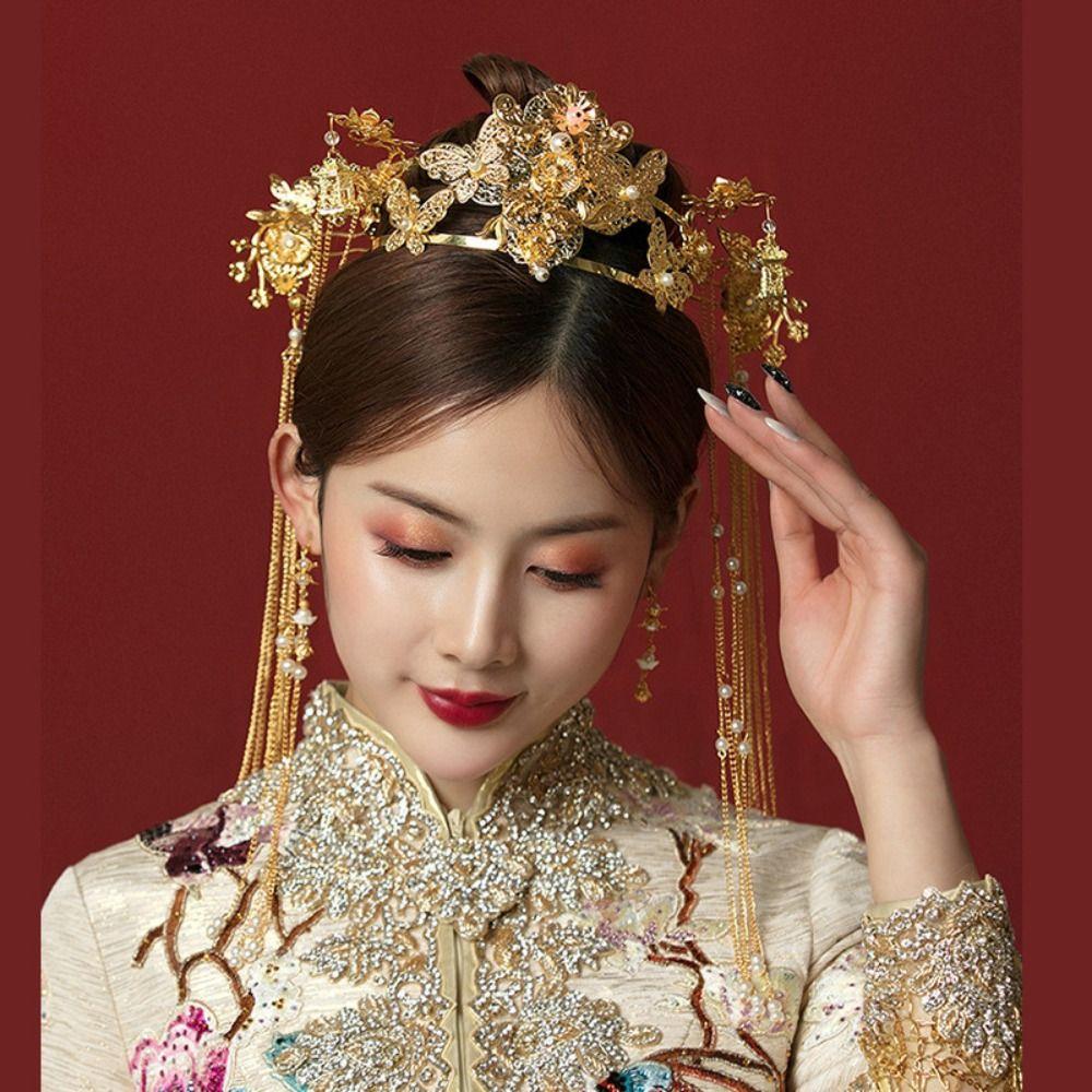 Роскошная свадебная корона для волос в китайском стиле для женщин в стиле ханьфу, ретро-корона для волос невесты, комплект ювелирных изделий