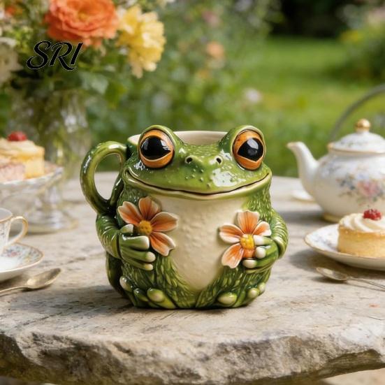 Nature Inspired Ceramic Mug Frog Shape with Tiny Flowers Smooth Texture Coffee Tea Cup Charming for Morning Joy Cozy Woodland Character Gift