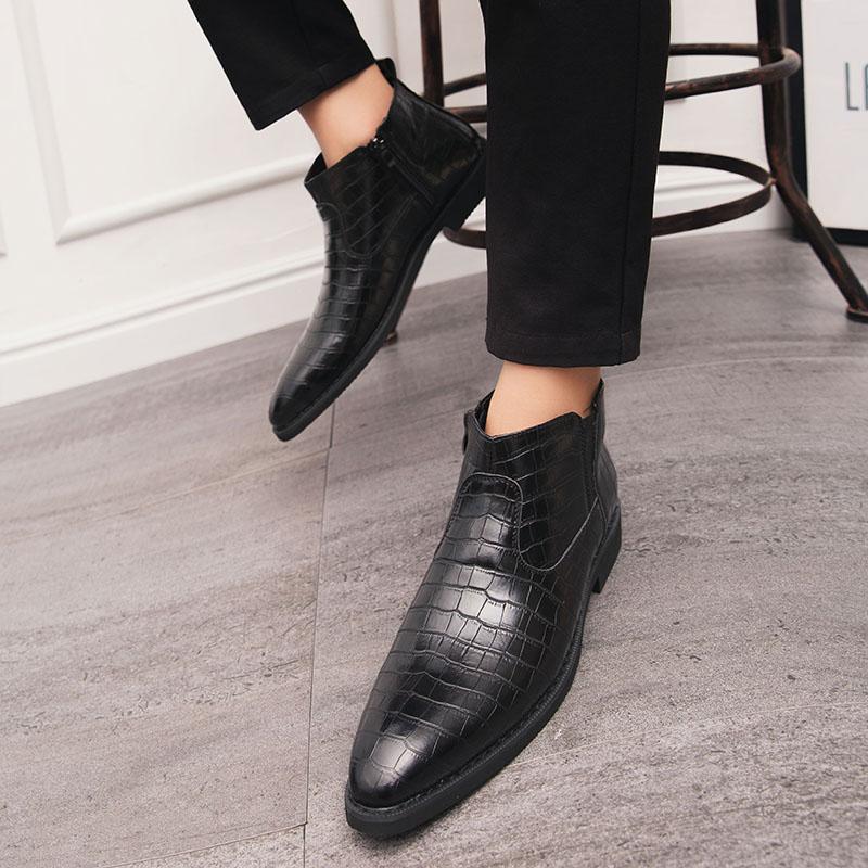 Мужские зимние модные ботильоны челси с острым носком, с тиснением под аллигатора, повседневные высокие, роскошная дизайнерская обувь