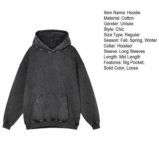 Yousheng осень-весна унисекс толстовка с капюшоном большой карман свободный потертый стираный эластичные манжеты и подол скошенные плечи чистый цвет свободный спортивный топ