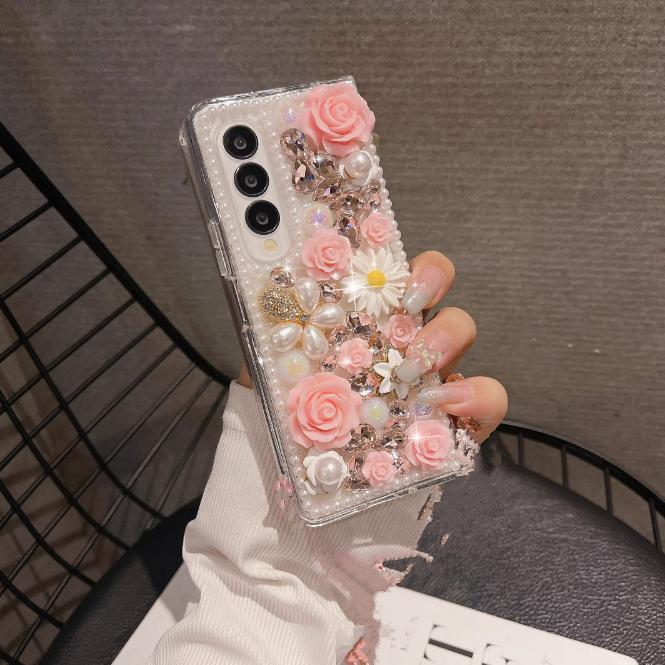 Fashion Bling Rhinestone Phone Case For Samsung Z Fold 5 4 3 Z Flip5 Flip4 Flip3 S24 S23 Ultra S21 S20 FE A14 A24 A34 A54 A13 A23 A33 A53 Pearl Flower